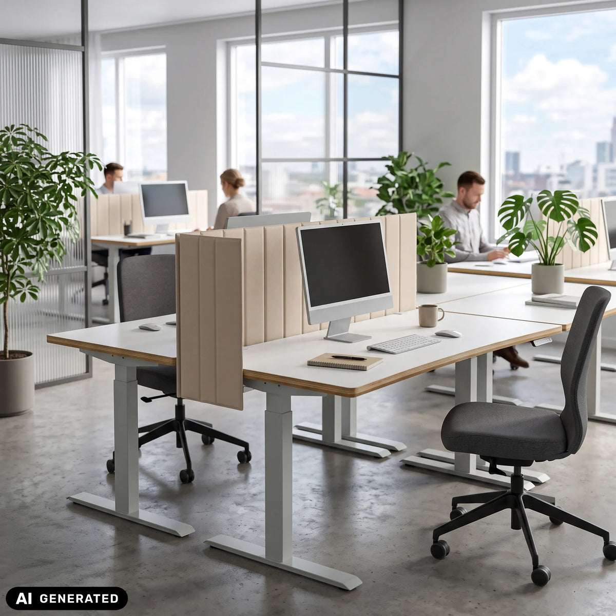 Beige FLEXMIUT ROLL tafelverdeler met een breedte van 160 cm op een wit bureau van hjh OFFICE