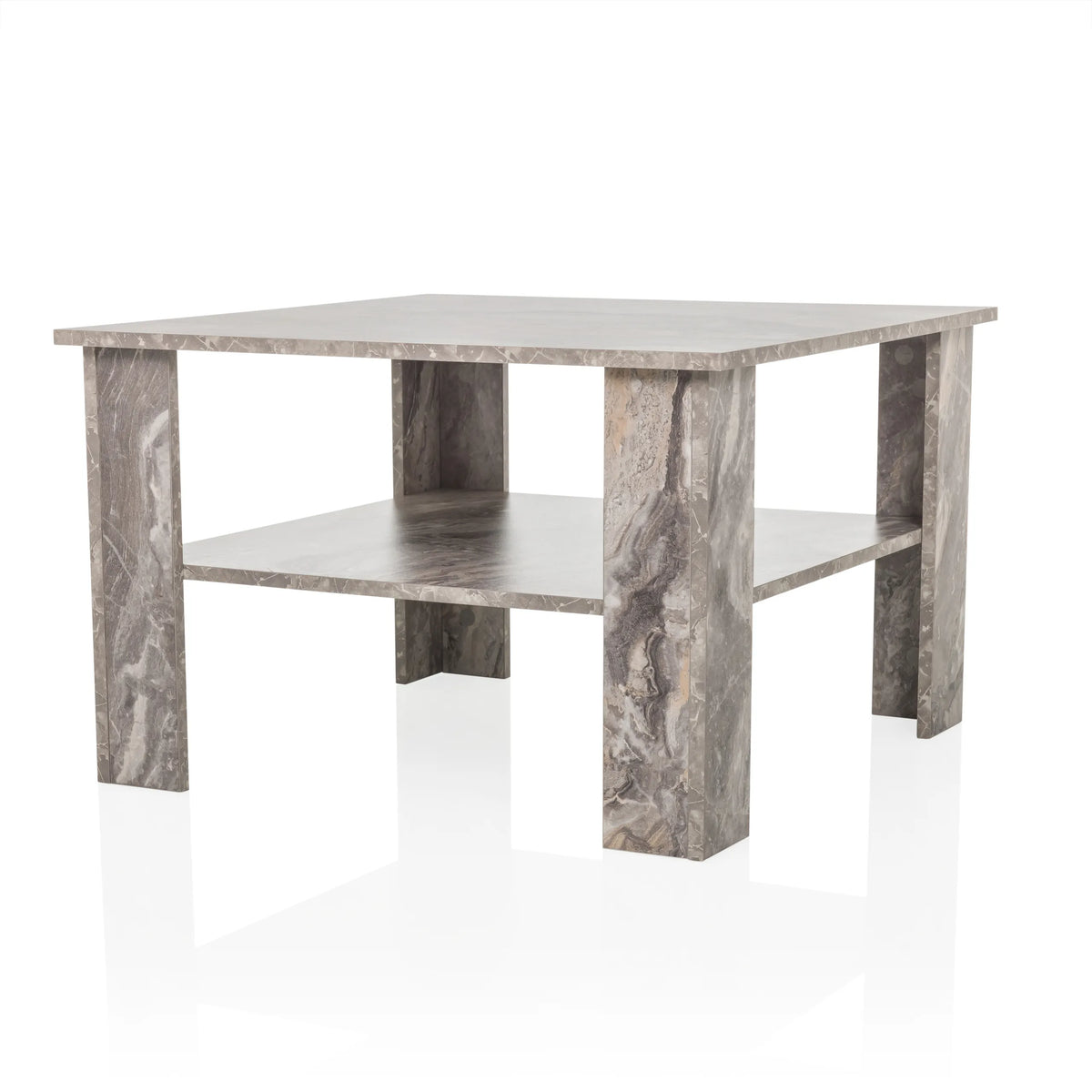 Grijze Salontafel BISMO met een aflegplateau in marmerlook van hjh LIVING – 360-gradenweergave (schuin vooraanzicht 45°)