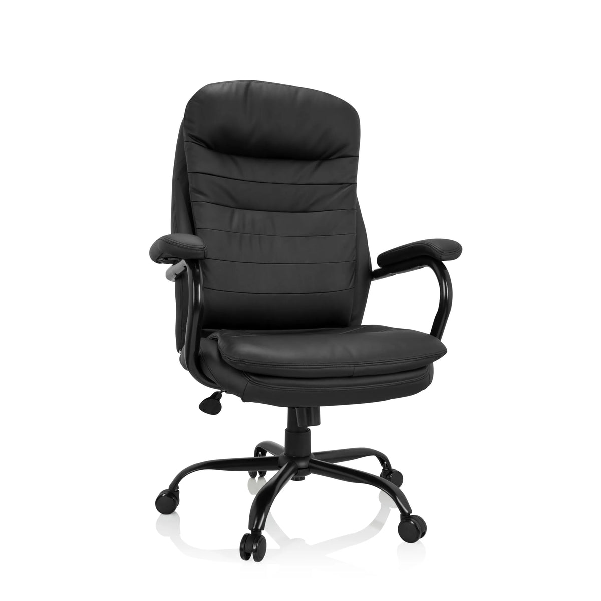 Zwarte bureaustoel RELAX XXL B van kunstleder met voetkruis en vijf zwenkwielen van hjh OFFICE – 360-gradenweergave (vooraanzicht 20°)