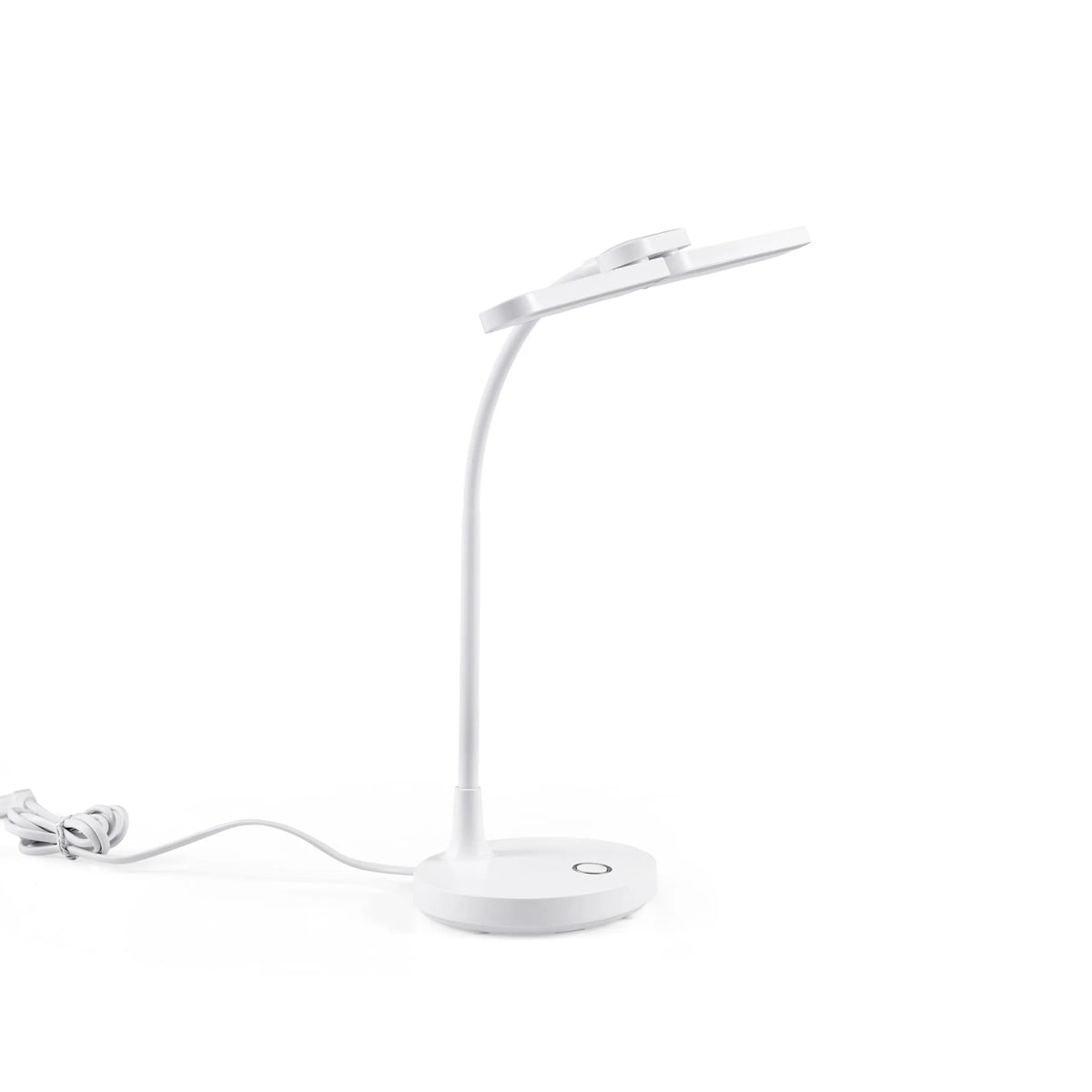 Witte Lumanova D6 bureaulamp met ronde voet, flexibele hals en platte lampkop van hjh OFFICE – 360-gradenweergave (schuin vooraanzicht 30°)