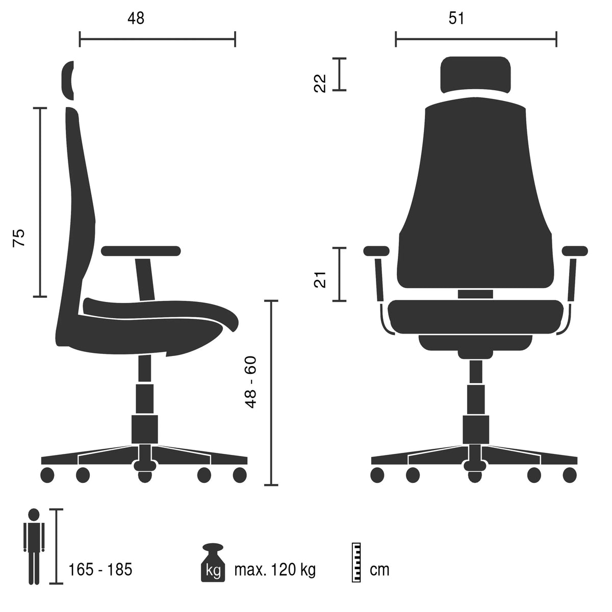 Technische tekening van de Thuiskantoor bureaustoel Relax Legoro met een maximale belastbaarheid van 120 kg van MyBuero