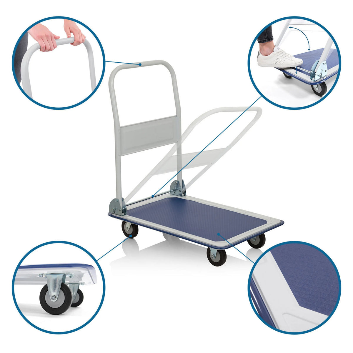 Blauwwitte platformwagen CARRY met detailopnamen van handgreep, wielen en laadvlak van hjh OFFICE
