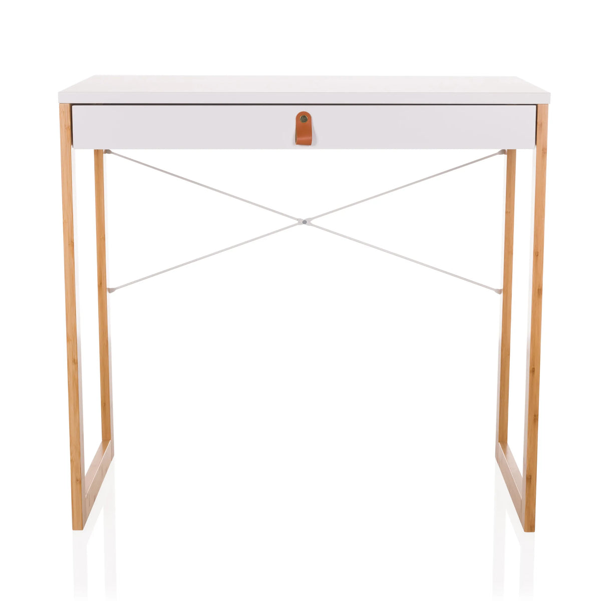 Wit Bureau TAROLO II met één lade, bruine lederen handgreep en houten poten van hjh LIVING – 360-gradenweergave (vooraanzicht 0°)