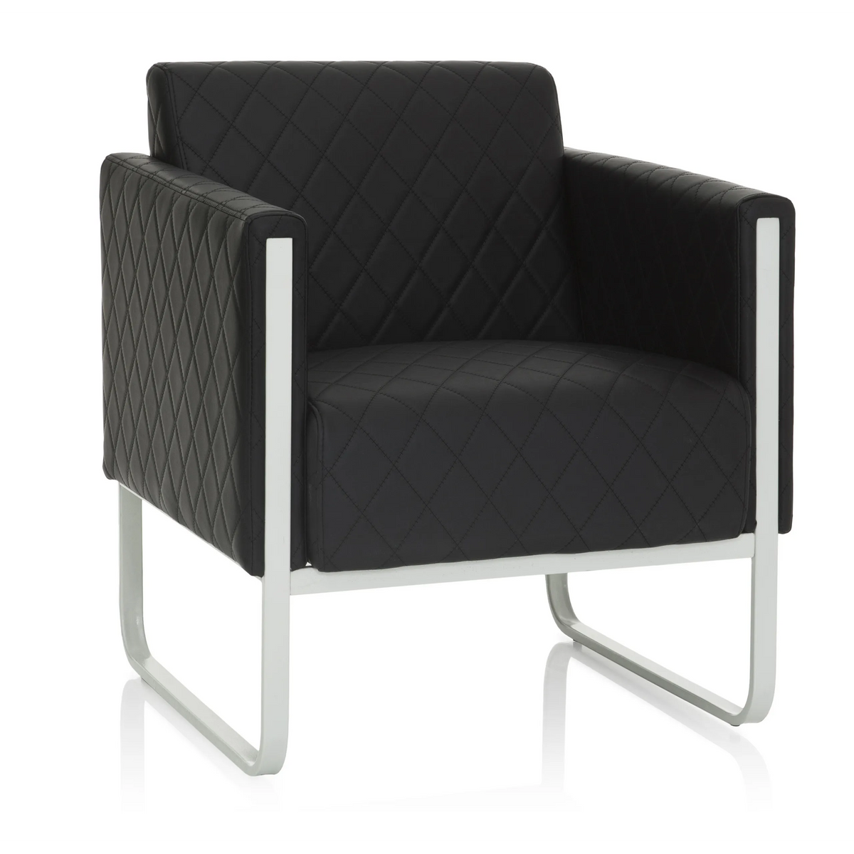Zwarte gestoffeerde fauteuil ARUBA STEP met ruitstiksel en zilverkleurig frame van hjh OFFICE – 360-gradenweergave (vooraanzicht 20°)