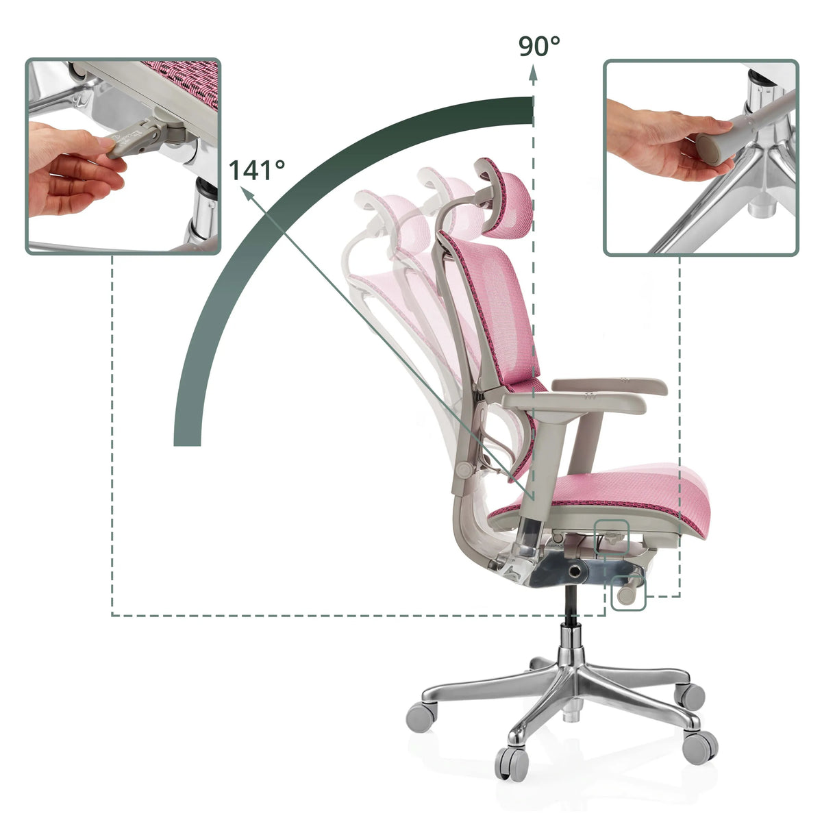Verstelbare hellingshoek van 90° tot 141° van de luxe directiestoel ERGOHUMAN SLIM G GEN2 in roze van hjh OFFICE