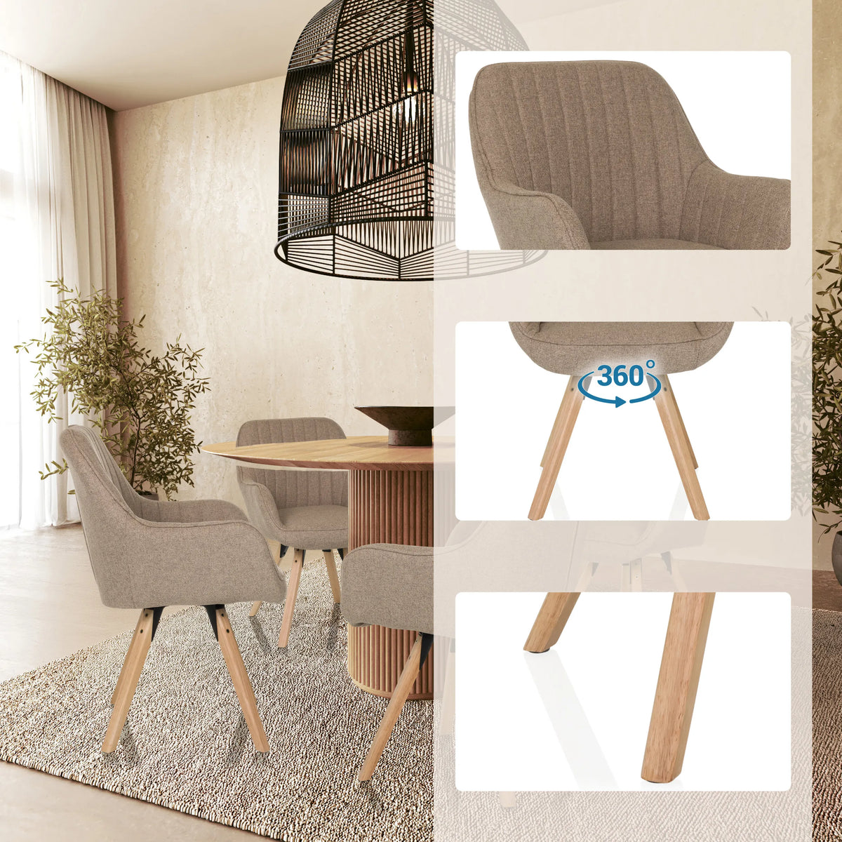 Beige gestoffeerde stoel SCANDI SOFT met 360-graden draaifunctie en houten poten van hjh LIVING