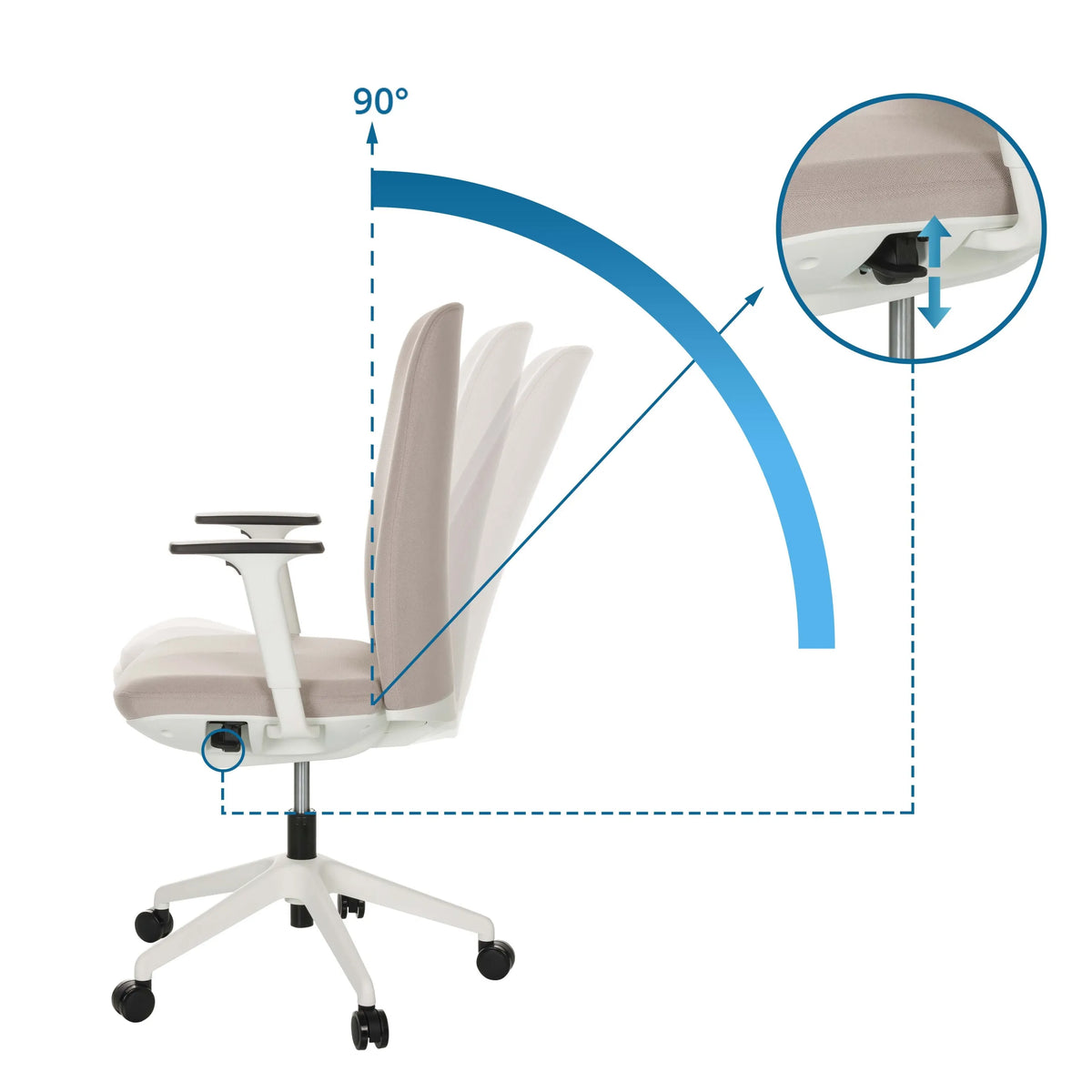 Verstelbare rugleuning met een kantelhoek van 90° van de Professionele bureaustoel NESTORA van hjh OFFICE