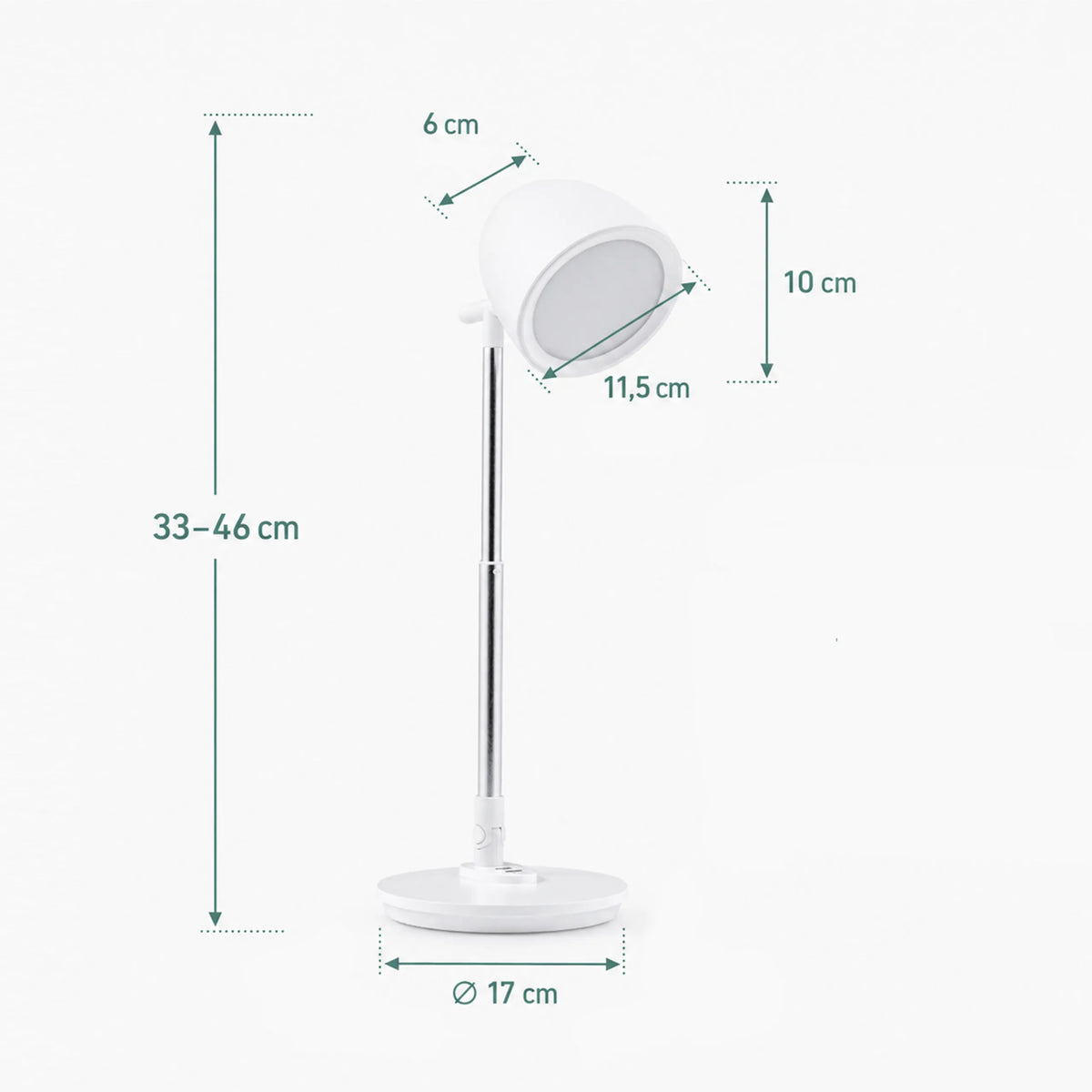 Technische tekening van de Lumanova D3 bureaulamp met een hoogte van 33–46 cm en een voet van 17 cm van hjh OFFICE