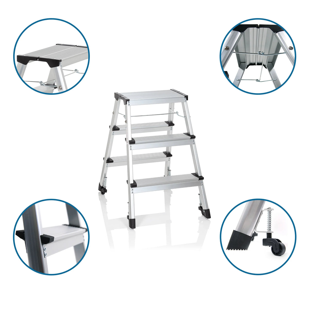 Aluminium klaptrap SOLID IV met drie treden, antislipvoeten en wielen van hjh OFFICE