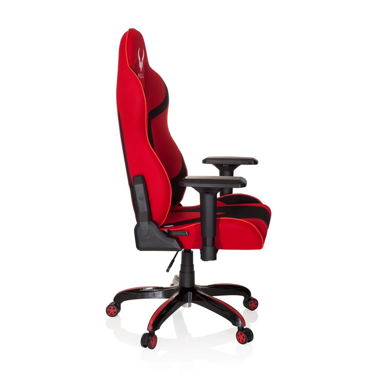 Rood-zwarte Gamestoel PROMOTER II met armleuningen en vijfpoot met wieltjes van hjh OFFICE – 360-gradenweergave (zijaanzicht 80°)