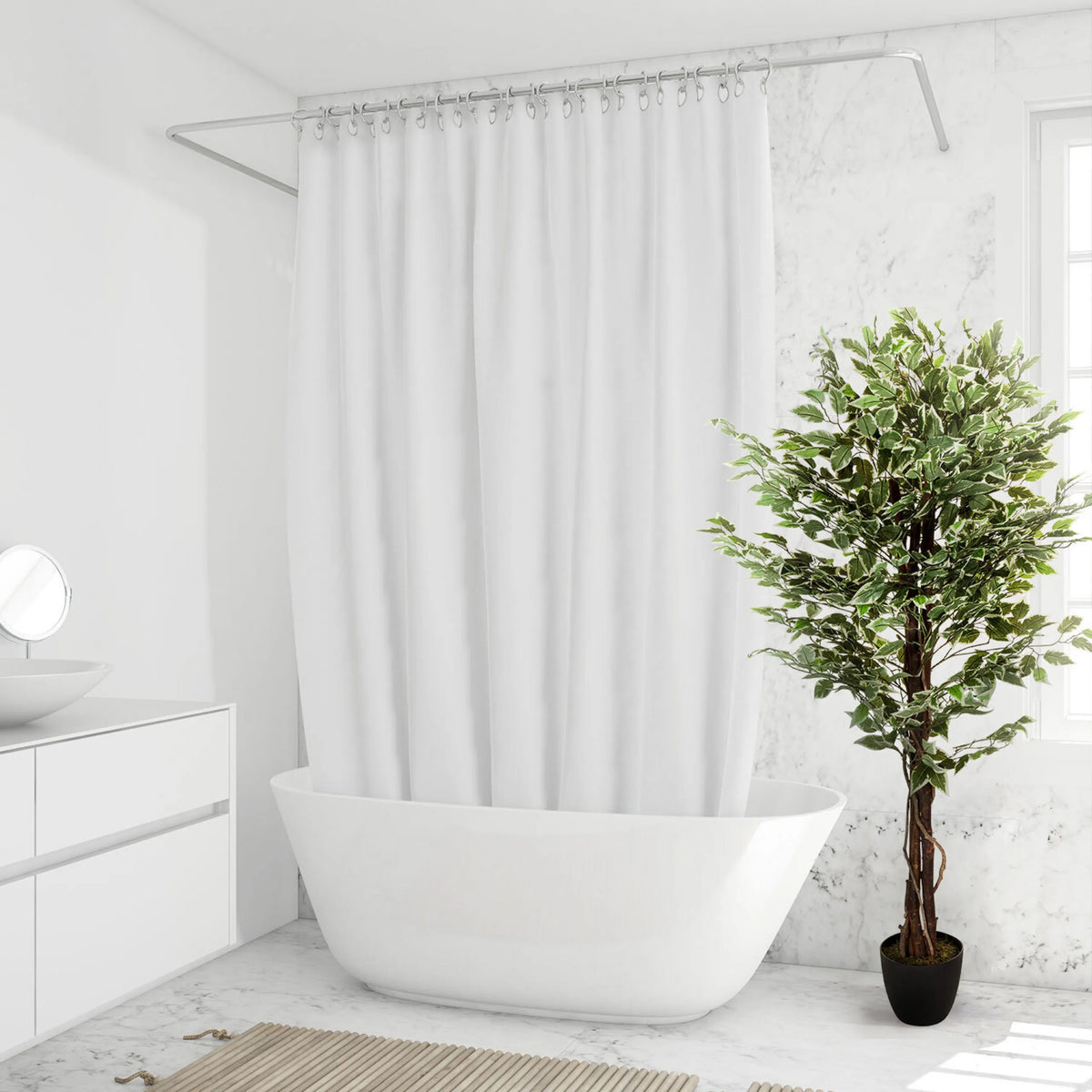 Groene kunstplant FICUS in een zwarte pot in de badkamer van hjh OFFICE