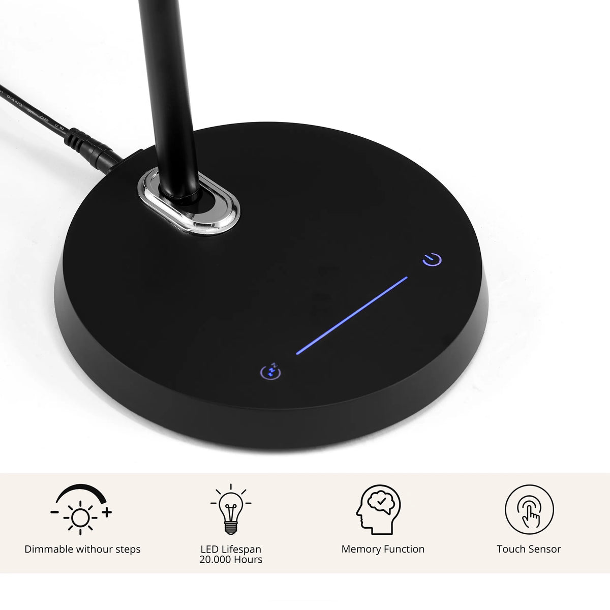 Voet van de Lumanova D2 bureaulamp in zwart met touchsensor en blauwe functiesymbolen van hjh OFFICE