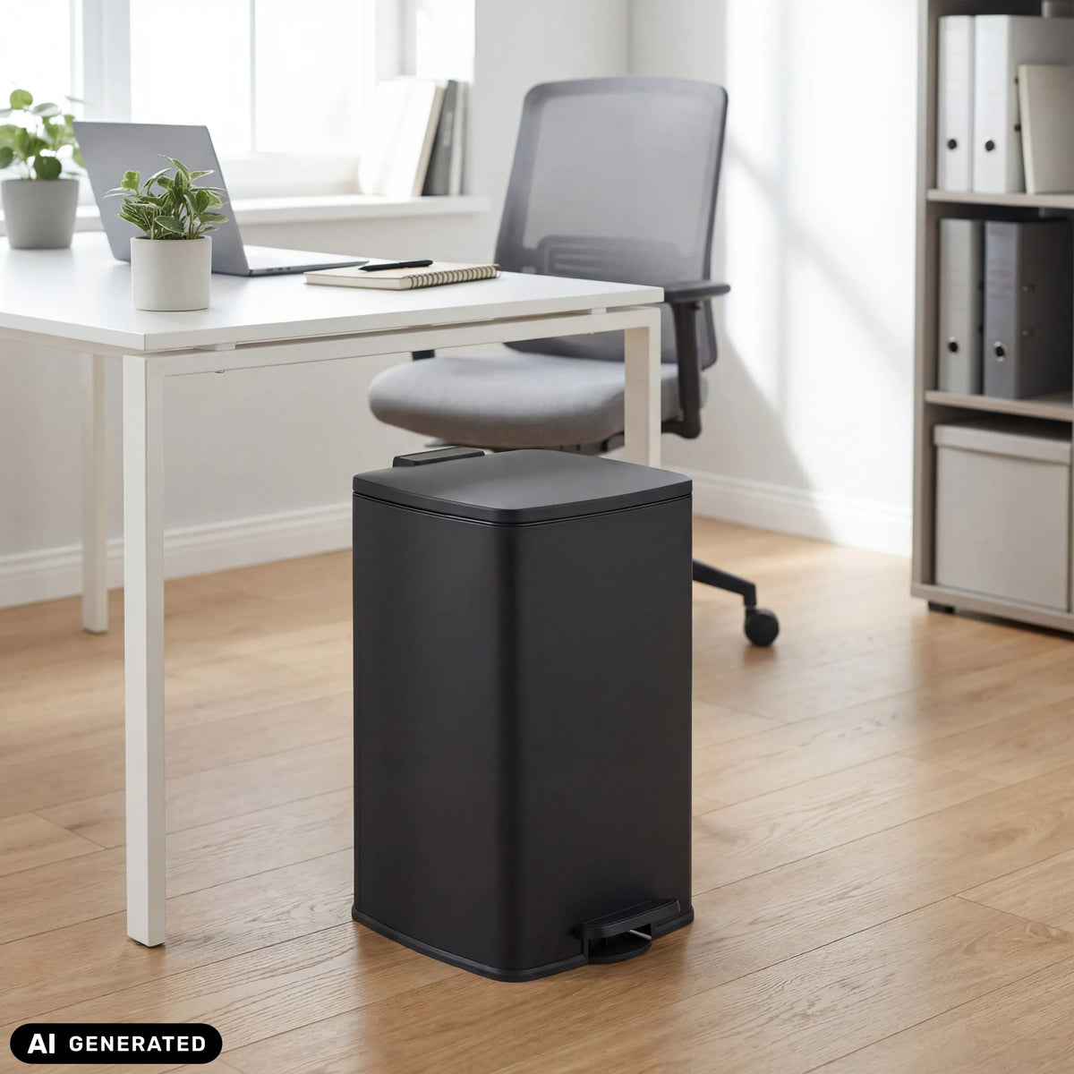 Schwarzer Mülleimer Clean Step 3 mit 50 Litern Fassungsvermögen und Fußpedal von hjh OFFICE (KI-generiertes Bild)