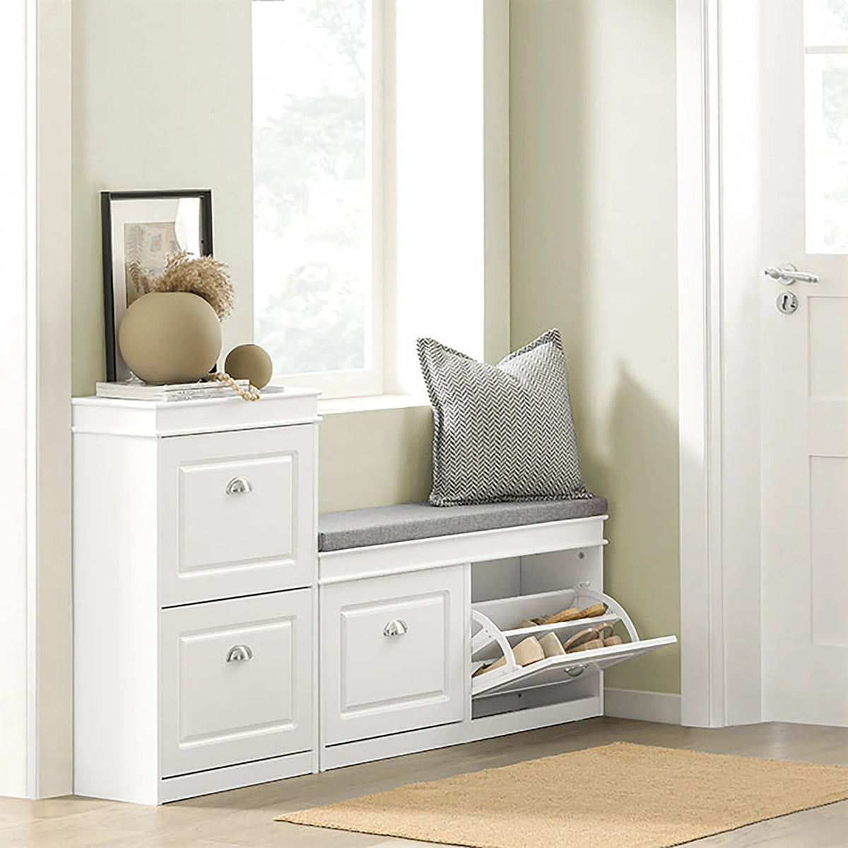 Weißer Schuhschrank ESTHA 2 mit Sitzfläche, zwei Schubladen und ausklappbarem Schuhfach von hjh LIVING