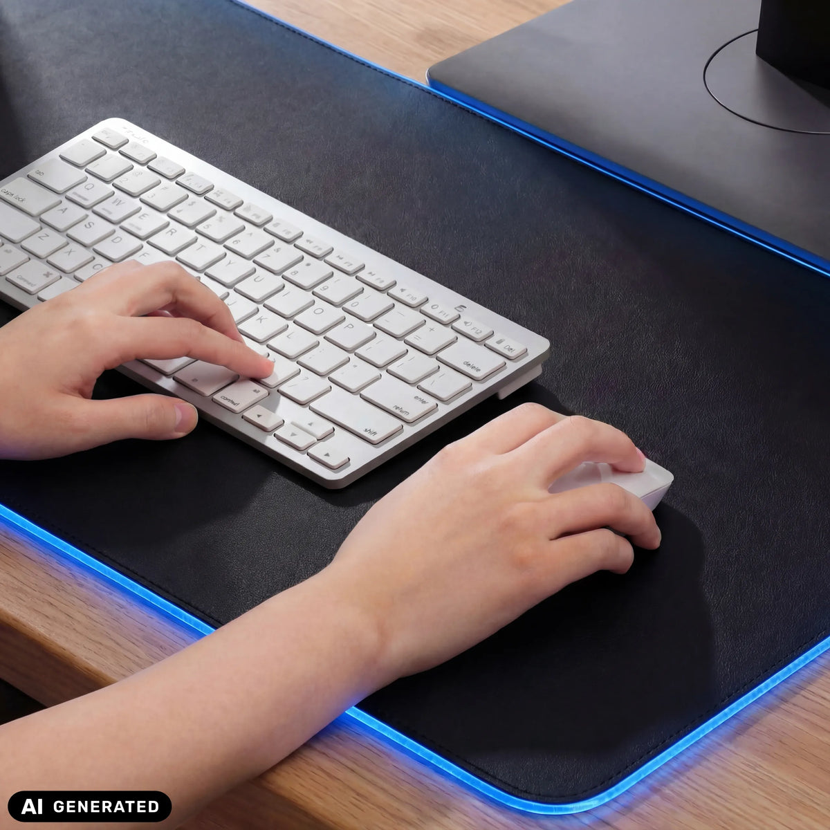 Zwarte Padflux Game bureau-onderlegger met blauw lichtgevende rand, toetsenbord en muis van hjh OFFICE (AI-gegenereerde afbeelding)