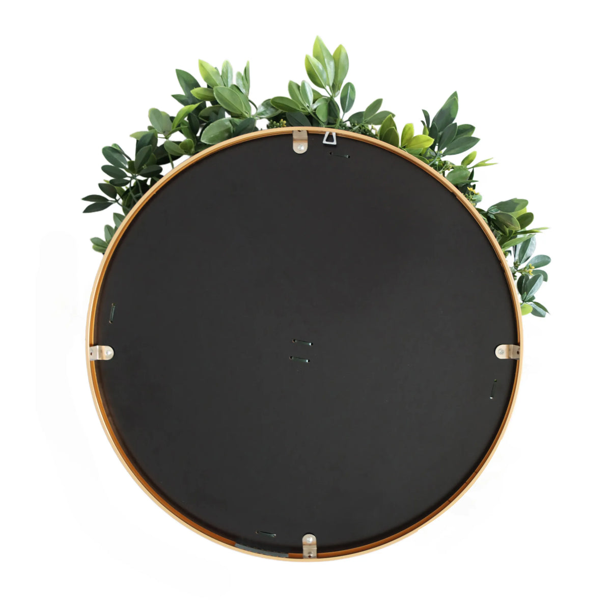Achterkant van de ronde Plantmat LEAFLUXE WALL 2 in zwart met goudkleurige rand van hjh LIVING