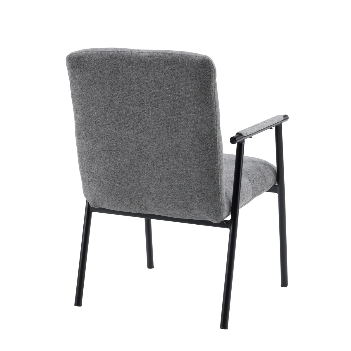 Achterzijde van de grijze gestoffeerde fauteuil Lifea Flex met zwarte metalen poten en armleuningen van hjh LIVING