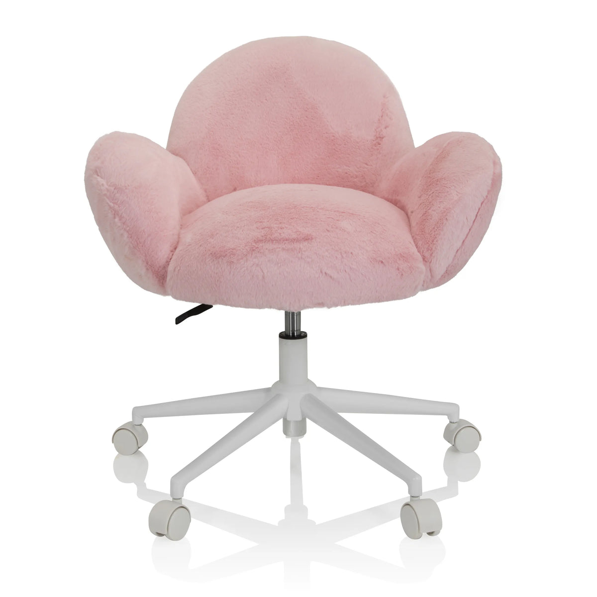 Roze Kinder bureaustoel KID TEDDY met pluche bekleding en wit vijfsterrenonderstel op wieltjes van hjh OFFICE – 360-gradenweergave (vooraanzicht 0°)