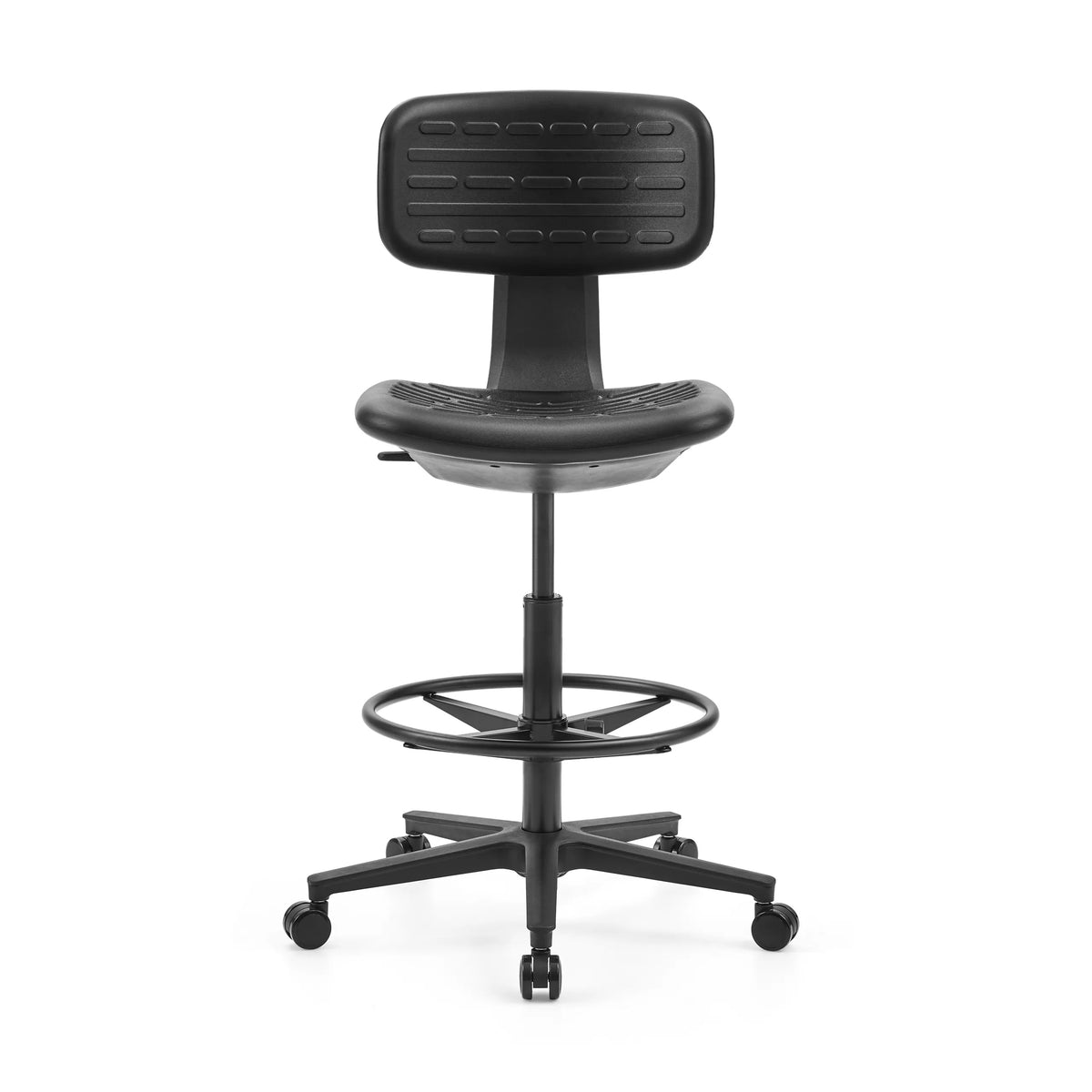 Zwarte Baliestoel TOP WORK B met voetring en vijfsterrenvoet met zwenkwielen van hjh OFFICE – 360-gradenweergave (vooraanzicht 0°)