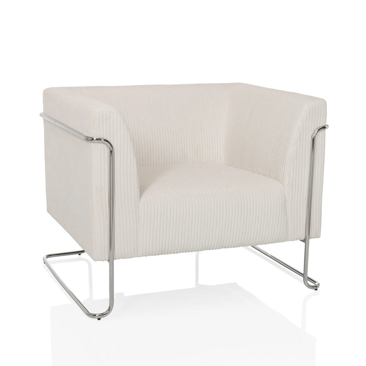 Witte lounge stoel Curacao Cord met geribbelde bekleding en verchroomd frame van hjh LIVING – 360-gradenweergave (vooraanzicht 15°)