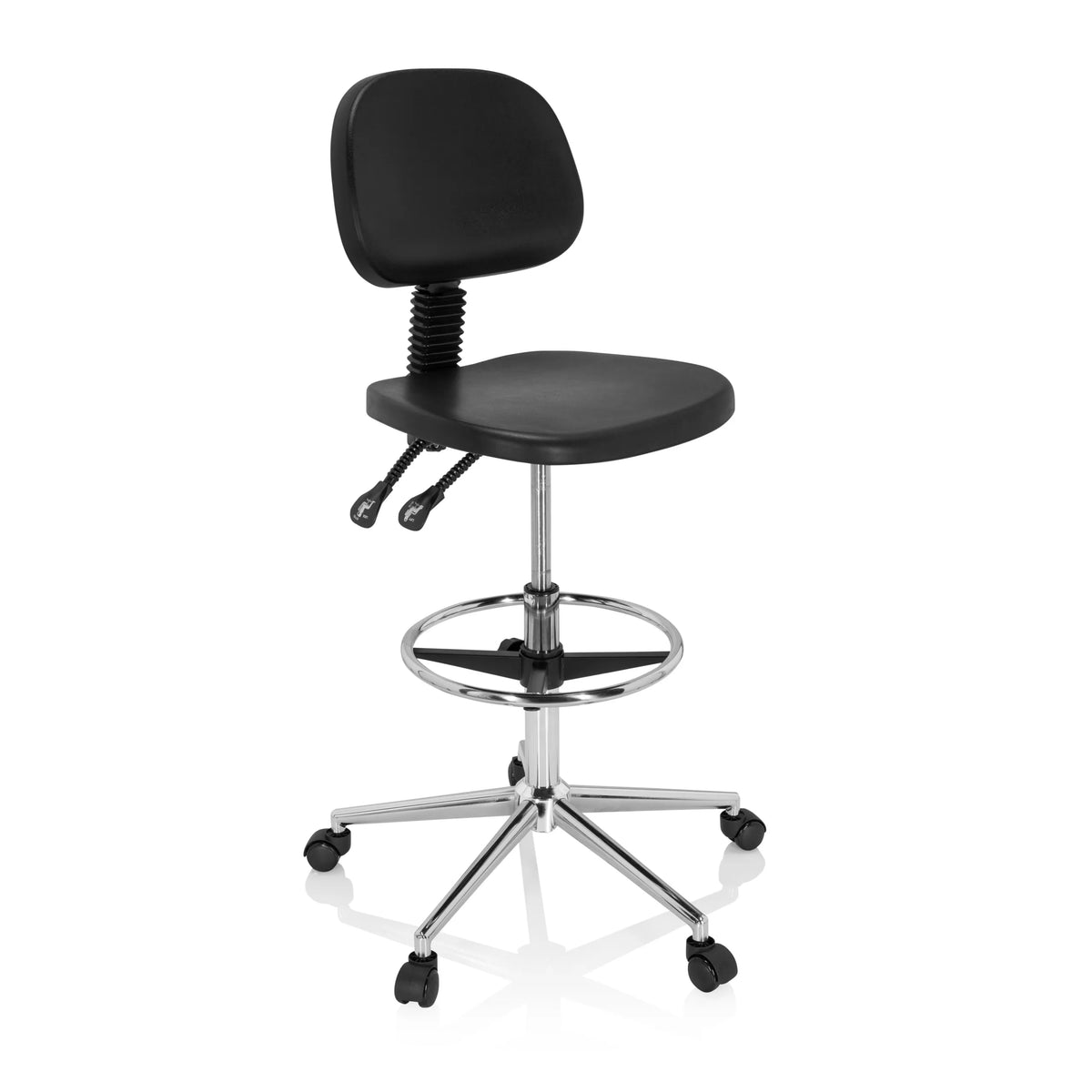 Zwarte Baliestoel TOP WORK 24 I met voetring en vijfpootkruis met zwenkwielen van hjh OFFICE – 360-gradenweergave (schuin vooraanzicht 40°)