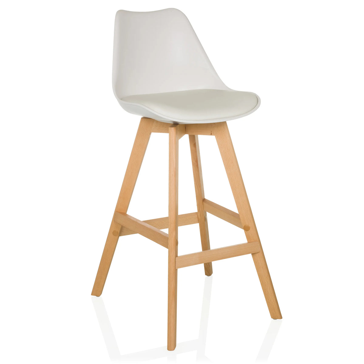 Witte Barkruk SCANDI HIGH met houten frame en voetsteun van hjh LIVING – 360-gradenweergave (schuin vooraanzicht 30°)