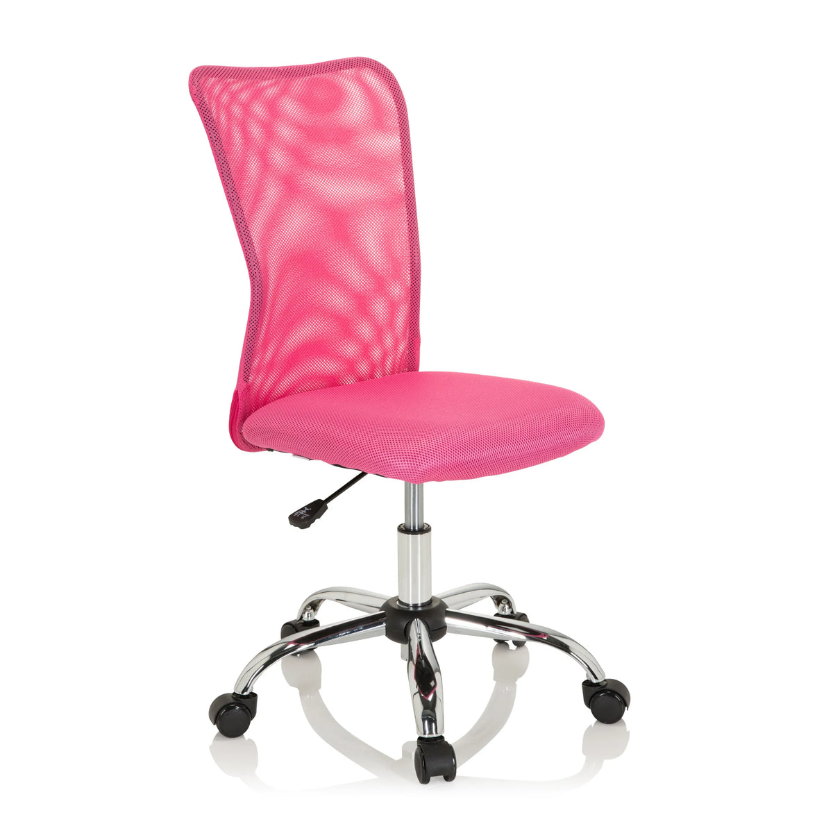 Roze Kinder bureaustoel KIDDY NET I met netrugleuning en vijfpotig onderstel met zwenkwielen van hjh OFFICE – 360-gradenweergave (schuin vooraanzicht 40°)