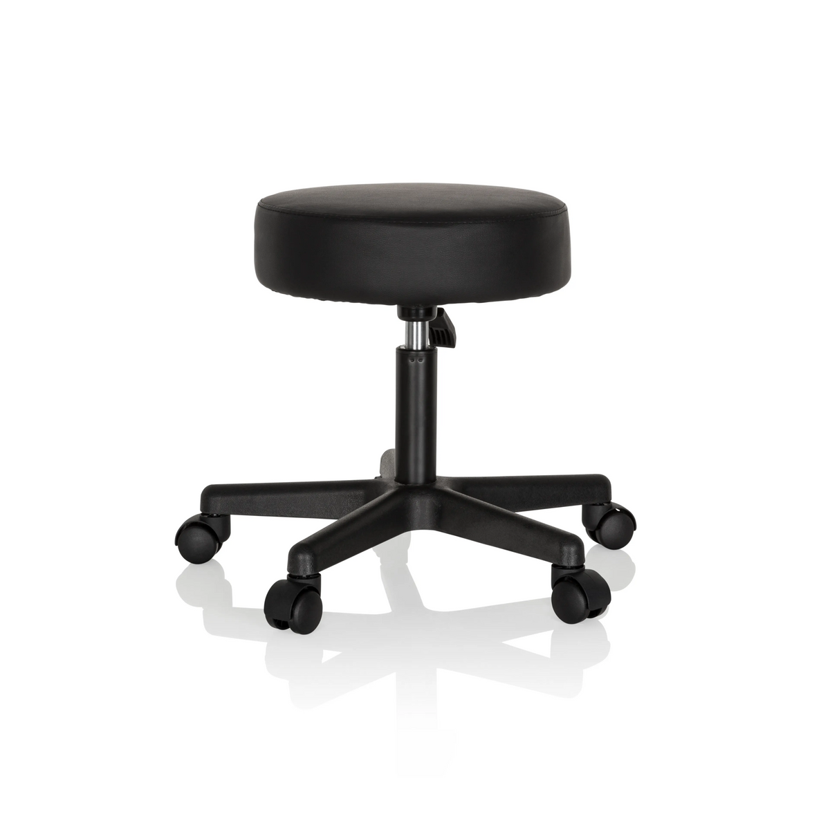 Schwarzer Drehhocker OPERATOR I mit gepolsterter Sitzfläche und Fußkreuz mit fünf Rollen von hjh OFFICE – 360-Grad-Ansicht (Seitenprofil 80°)