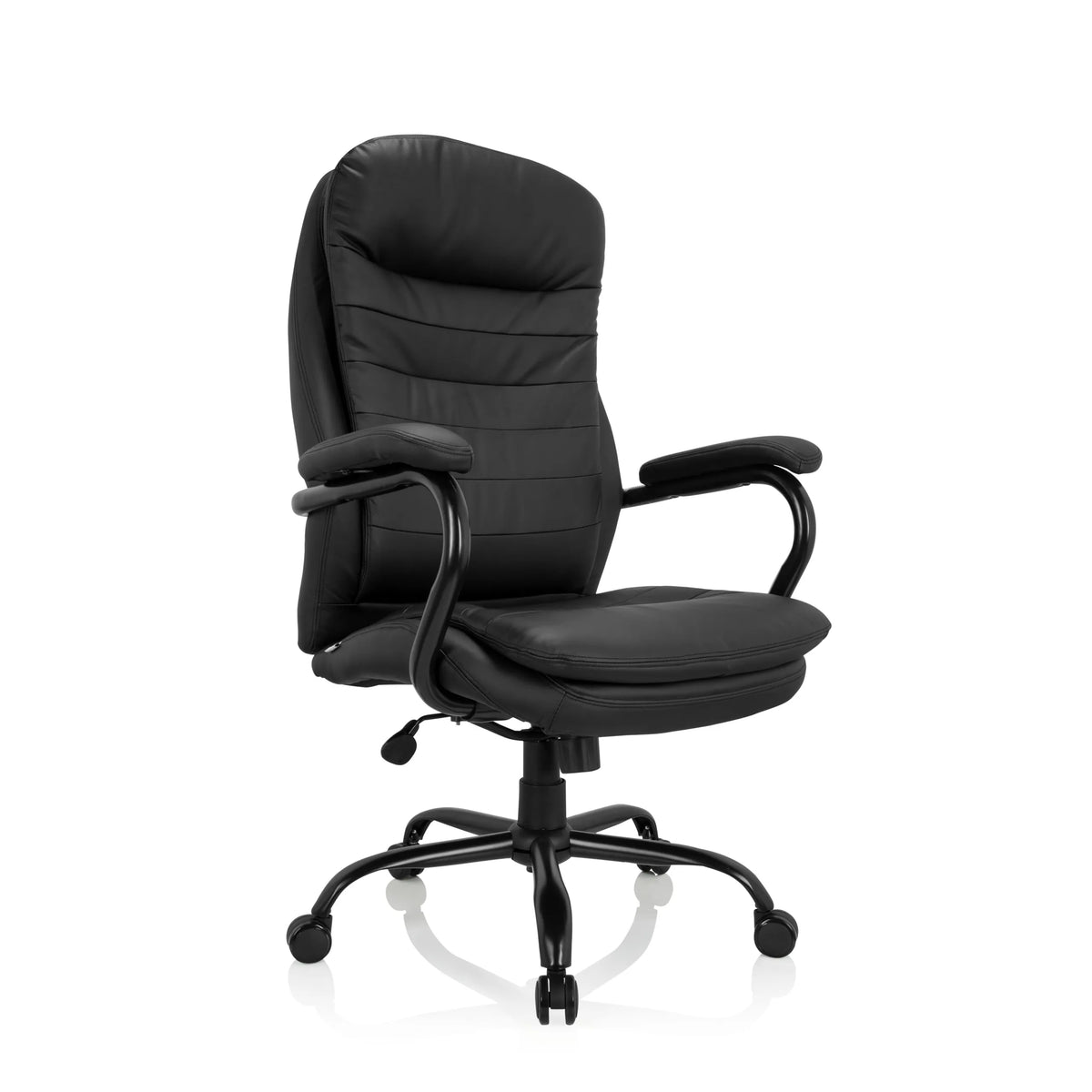 Zwarte bureaustoel RELAX XXL B van kunstleder met voetkruis en vijf zwenkwielen van hjh OFFICE – 360-gradenweergave (schuin vooraanzicht 40°)