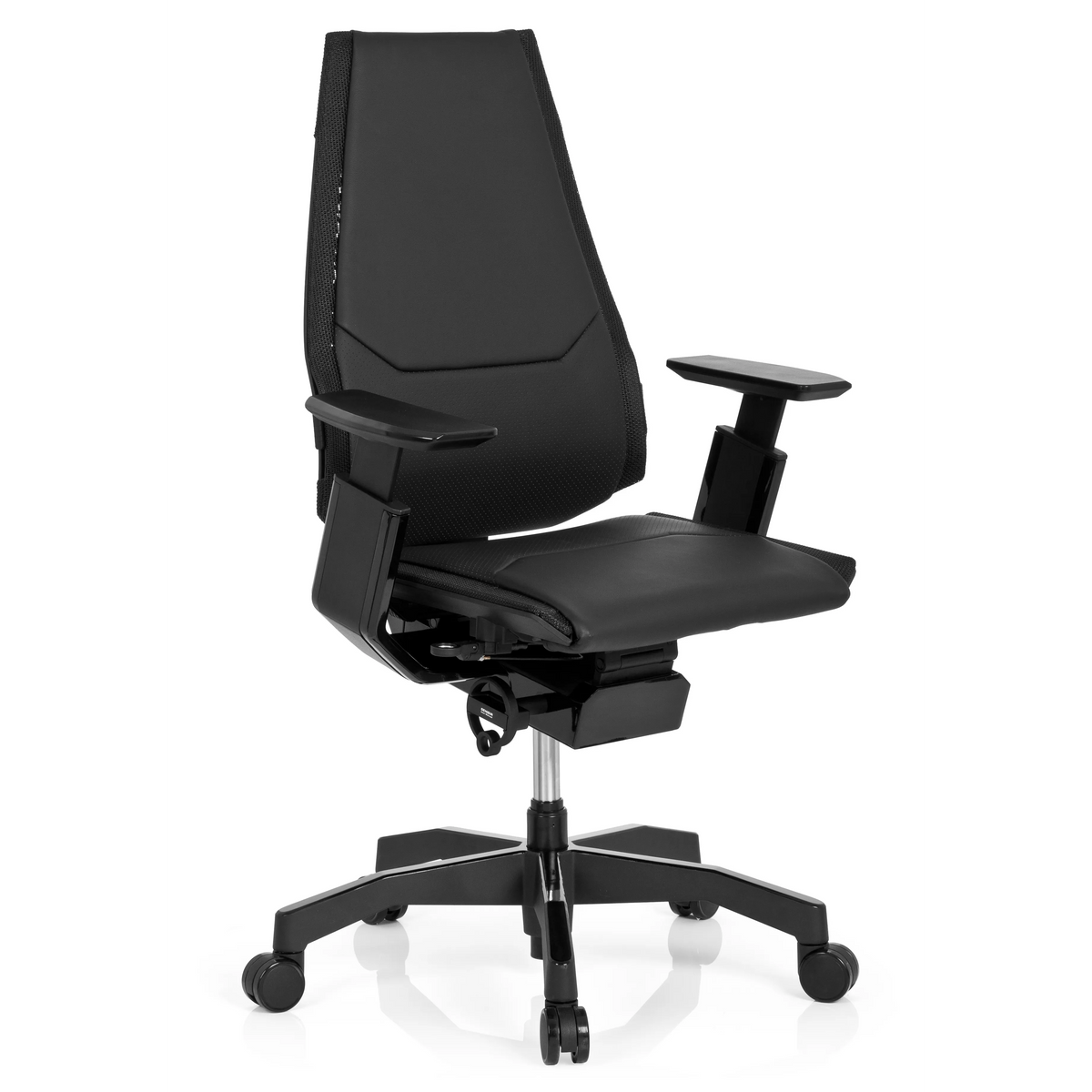 Zwarte High end bureaustoel GENIDIA BLACK van leder met armleuningen en vijfstervoet met wielen van hjh OFFICE – 360-gradenweergave (schuin vooraanzicht 40°)