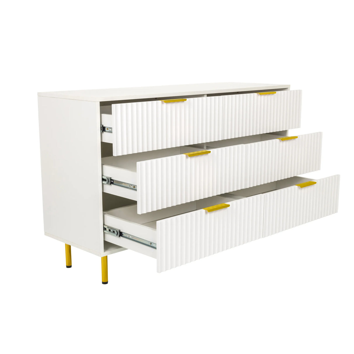 Weißes Sideboard HJELLE mit drei geöffneten Schubladen und goldfarbenen Füßen von hjh LIVING