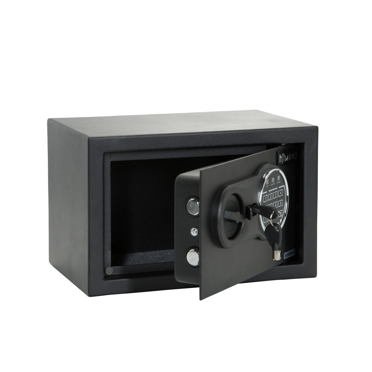 Schwarzer Tresor SAFE COMPACT III mit Zahlenschloss und Drehgriff von hjh OFFICE – 360-Grad-Ansicht (schräge Rückenansicht 120°)
