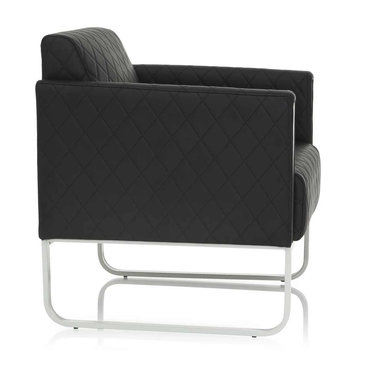 Zwarte gestoffeerde fauteuil ARUBA STEP met ruitstiksel en zilverkleurig frame van hjh OFFICE – 360-gradenweergave (zijaanzicht 80°)