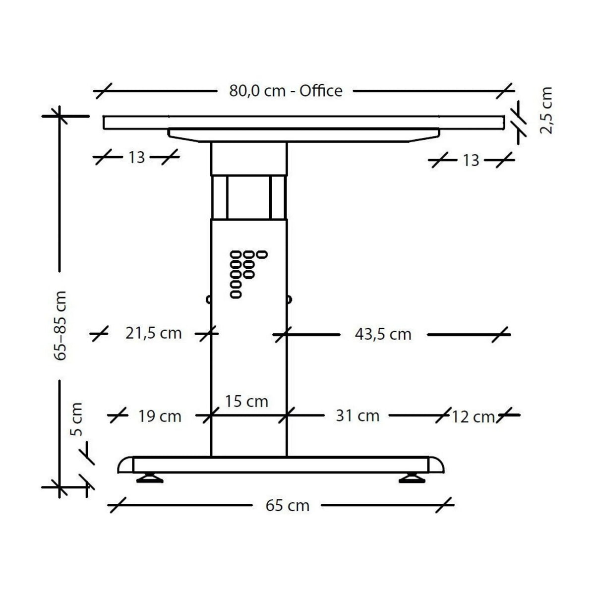 Maßzeichnung des höhenverstellbaren Schreibtisches MEGA 8 W mit einer Breite von 80,0 cm von hjh OFFICE PRO