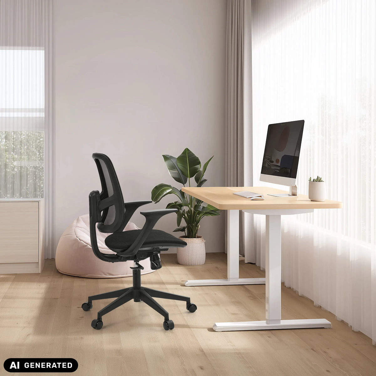 Thuisgebruik bureaustoel Malio in het zwart aan een in hoogte verstelbaar bureau van hjh OFFICE (AI-gegenereerde afbeelding)