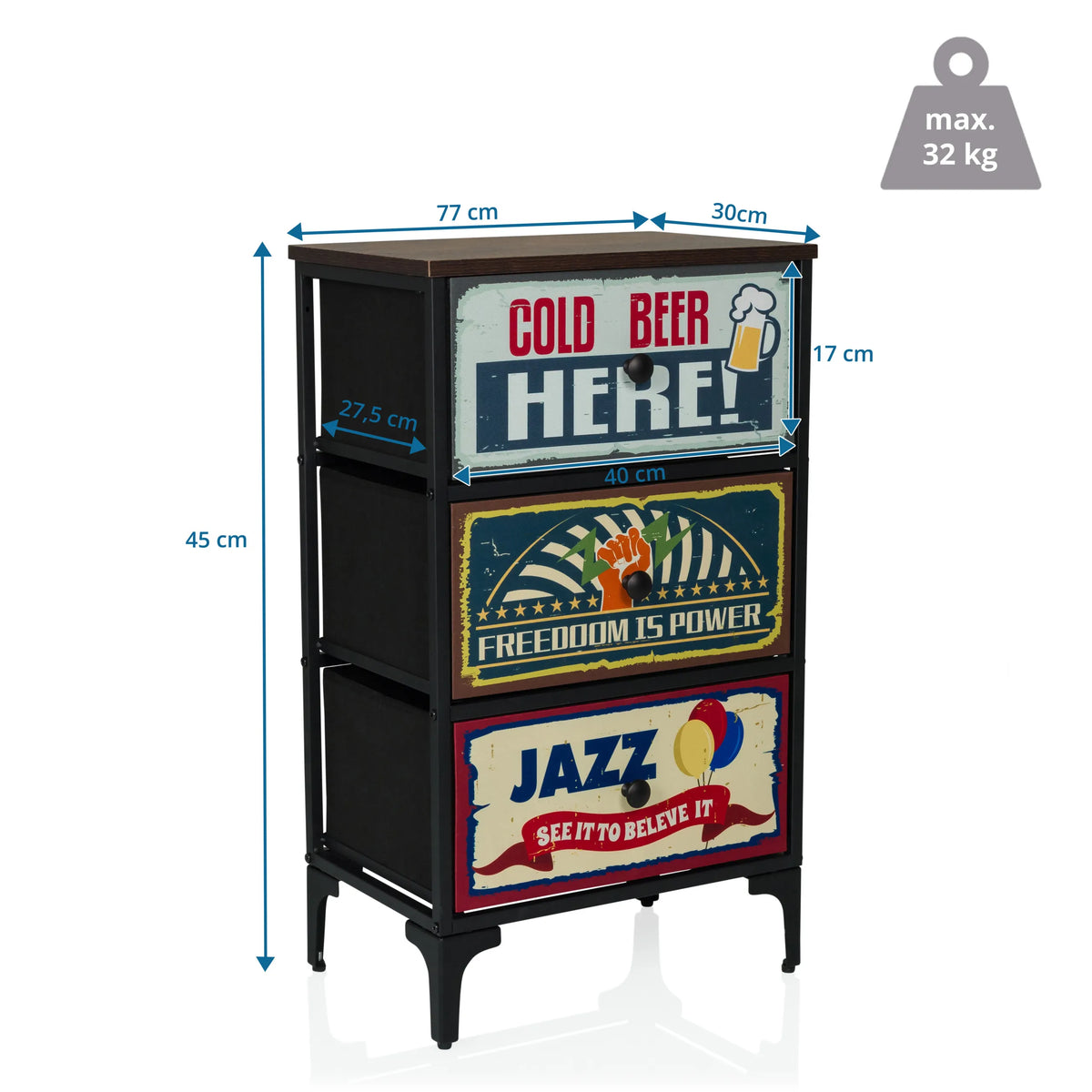 Maattekening van de Commode AMERIKO S met een hoogte van 45 cm en een breedte van 77 cm van hjh LIVING