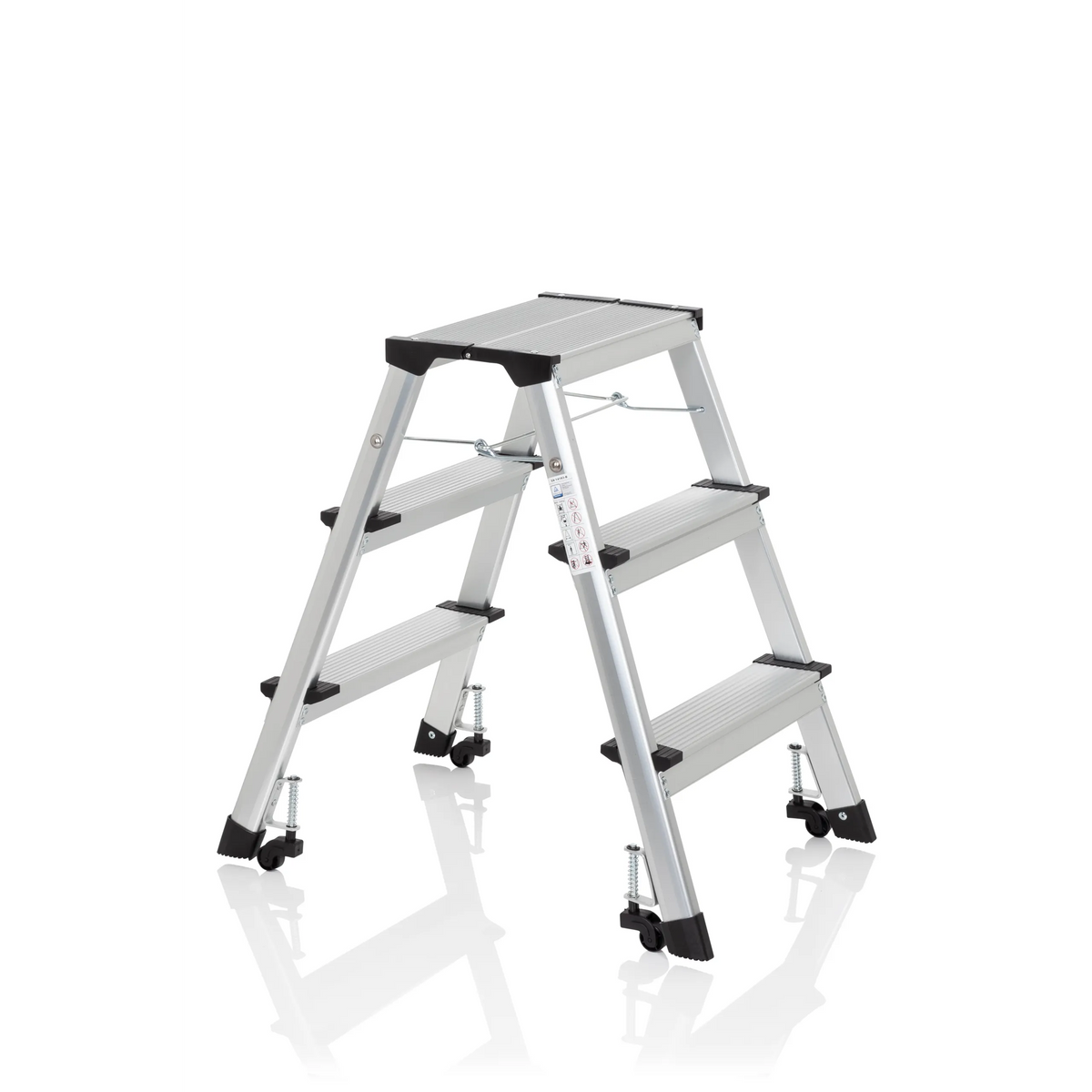 Zilveren Klaptrap SOLID IV van aluminium met drie treden van hjh OFFICE – 360-gradenweergave (schuin vooraanzicht 60°)