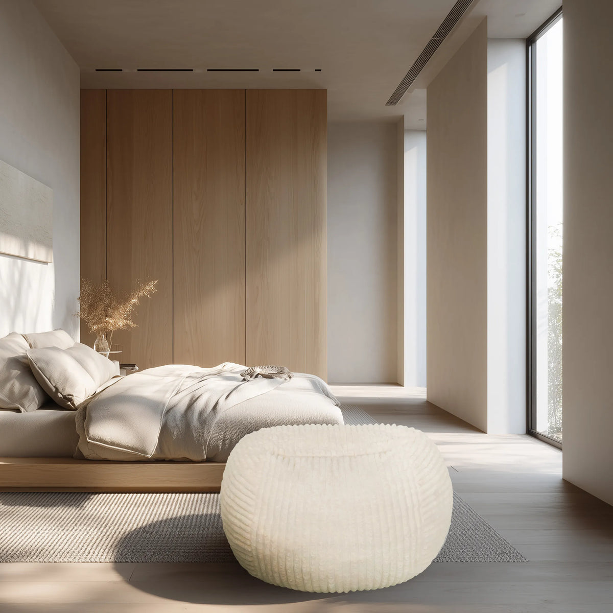 Beige zitzak Sitzolo R met een geribbelde oppervlaktestructuur in een lichte kamer van hjh LIVING