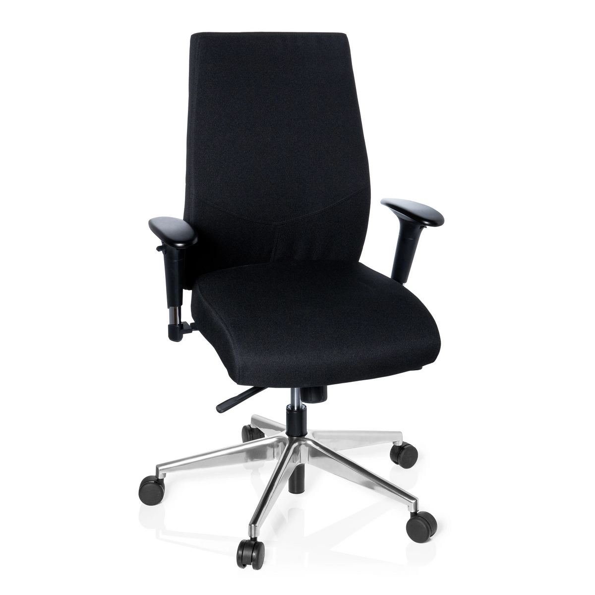 Schwarzer Profi-Bürostuhl PRO-TEC 250 mit Armlehnen und Fußkreuz mit fünf Rollen von hjh OFFICE – 360-Grad-Ansicht (Frontansicht 20°)