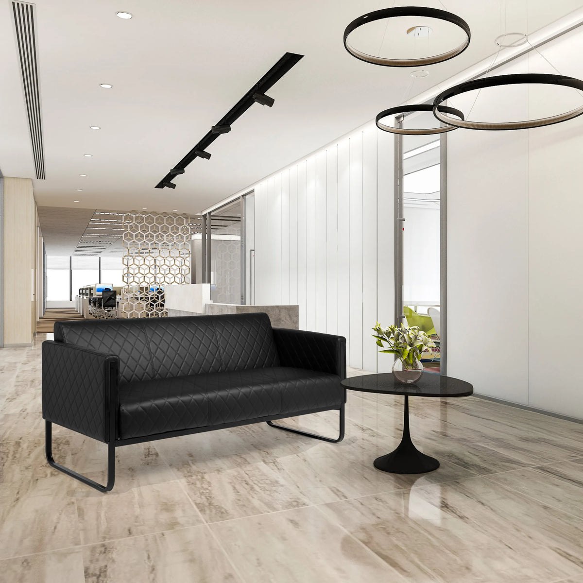 Zwarte 3-zits lounge bank ARUBA BLACK met gewatteerde bekleding en slanke metalen poten van hjh OFFICE