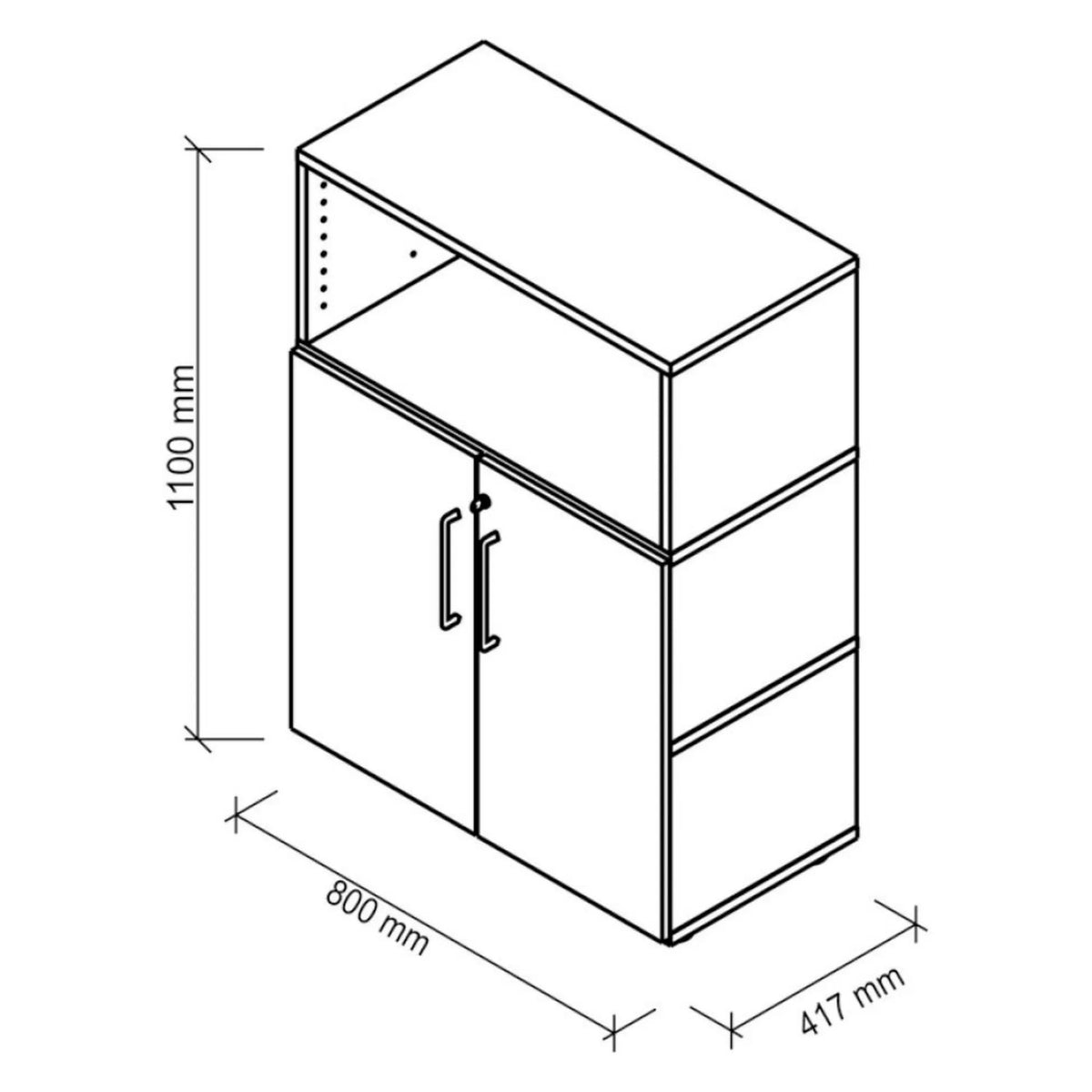 Technische tekening van de kast FlexWall met 1100 × 800 mm van hjh OFFICE PRO