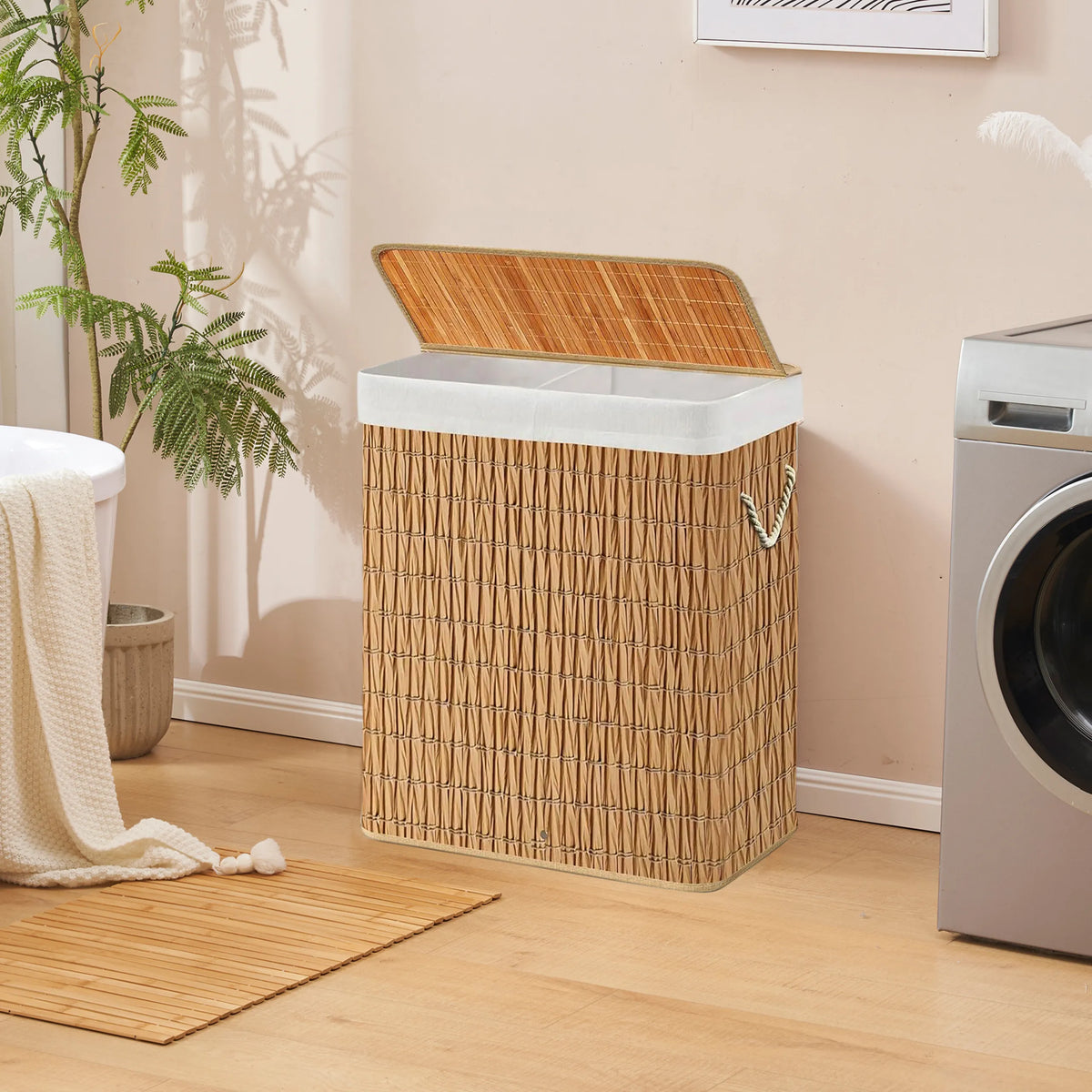 Bruine wasmand FALSTER XL R met bamboe deksel, twee vakken en witte voering van hjh LIVING
