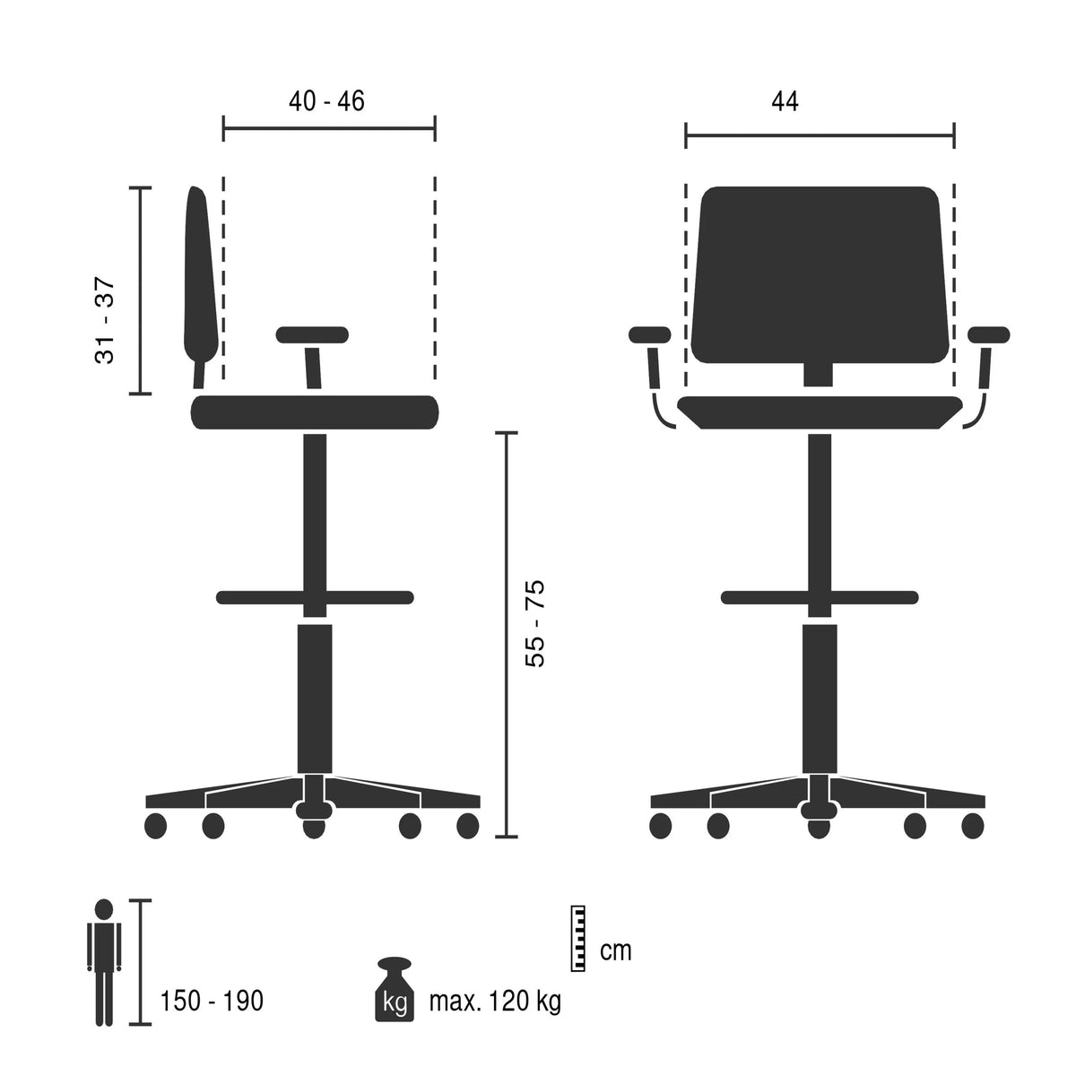 Technische Zeichnung des Arbeitsstuhls TOP WORK 40 W mit einer maximalen Belastbarkeit von 120 kg von hjh OFFICE
