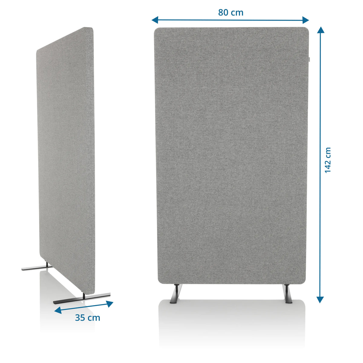 Maataanzicht van de Scheidingswand FLEXMIUT STAND van 142 × 80 cm in lichtgrijs van hjh OFFICE