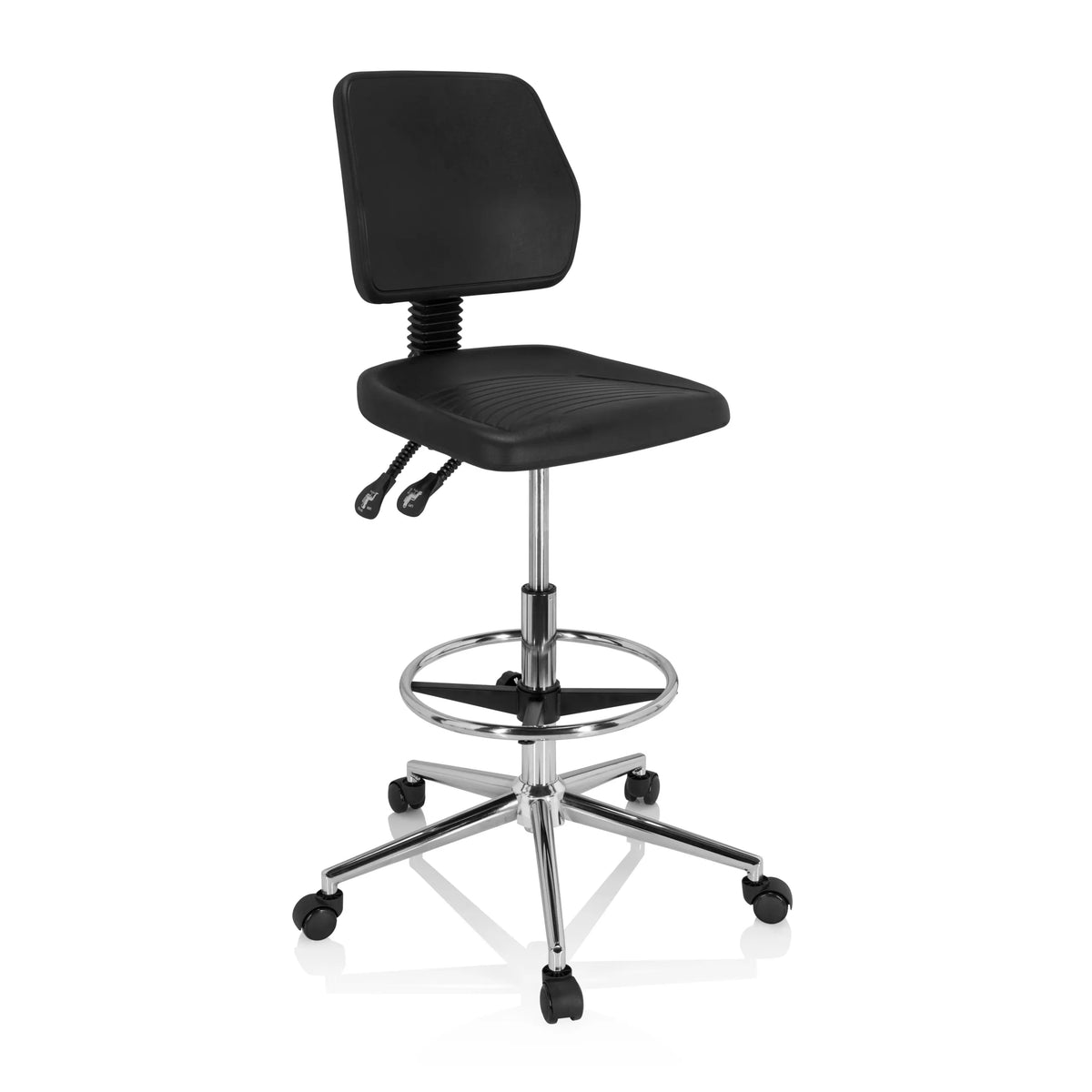 Zwarte Baliestoel TOP WORK 11 I met voetring en vijfpoot met wielen van hjh OFFICE – 360-gradenweergave (schuin vooraanzicht 40°)