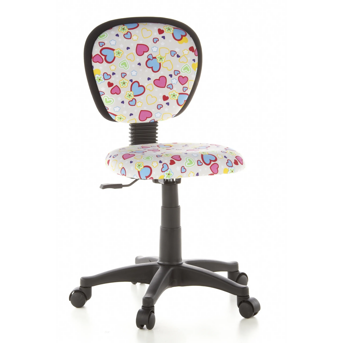 Kinder bureaustoel KIDDY TOP met kleurrijk hart- en bloemenpatroon en vijfpoot met zwenkwielen van hjh OFFICE – 360-gradenweergave (vooraanzicht 20°)