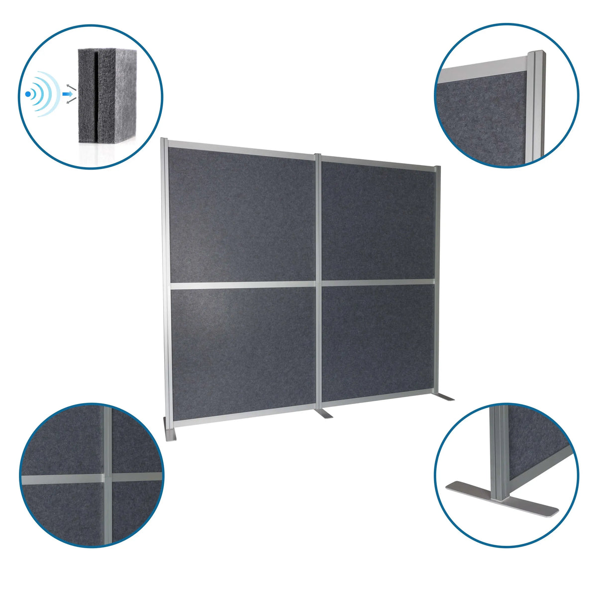 Grijze FLEXMIUT MODUL scheidingswanden met aluminium frame, T-voet en geluidsabsorberende vulling van hjh OFFICE