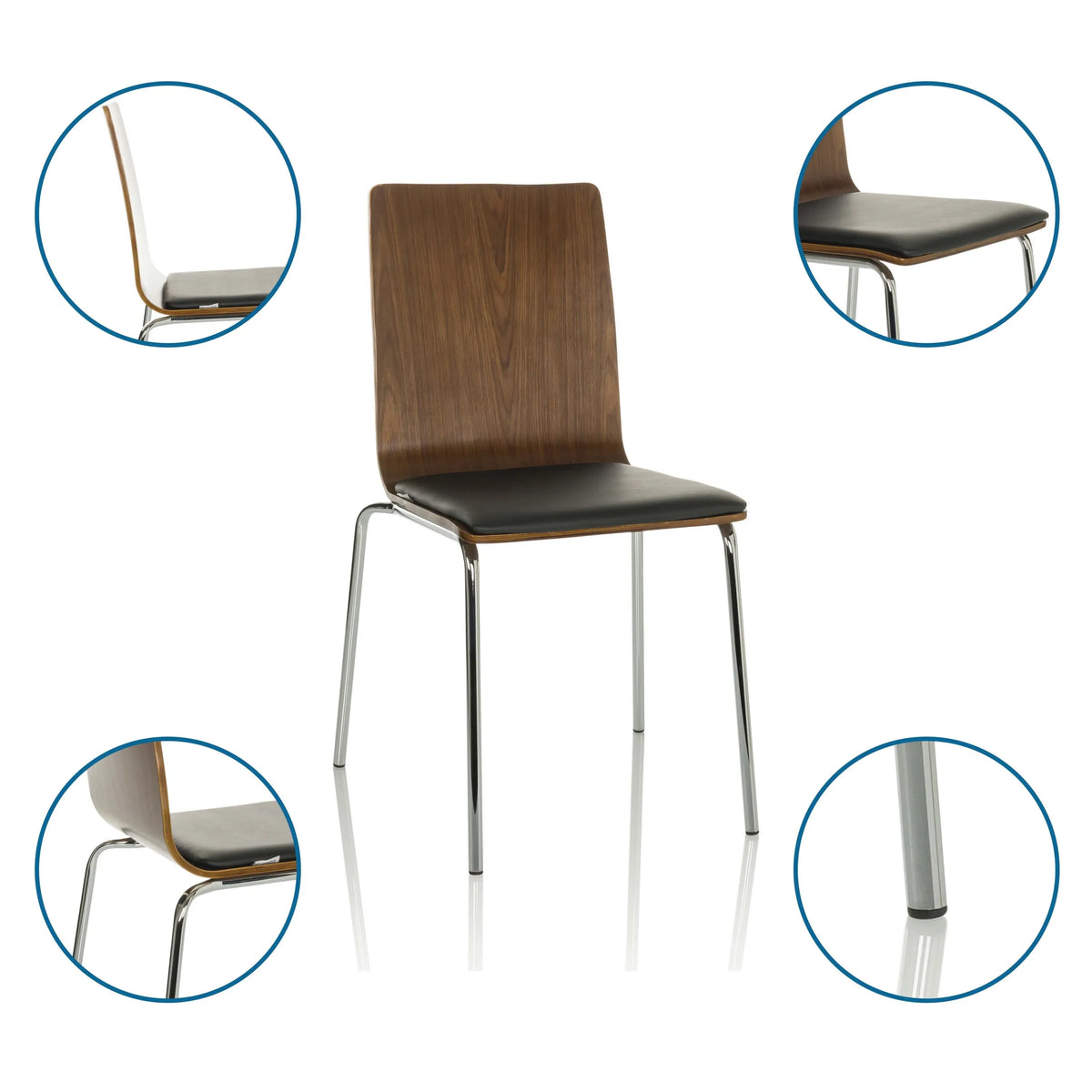 Bezoekersstoel PERIA met houten rugleuning, zwarte zitting en chromen onderstel van hjh OFFICE
