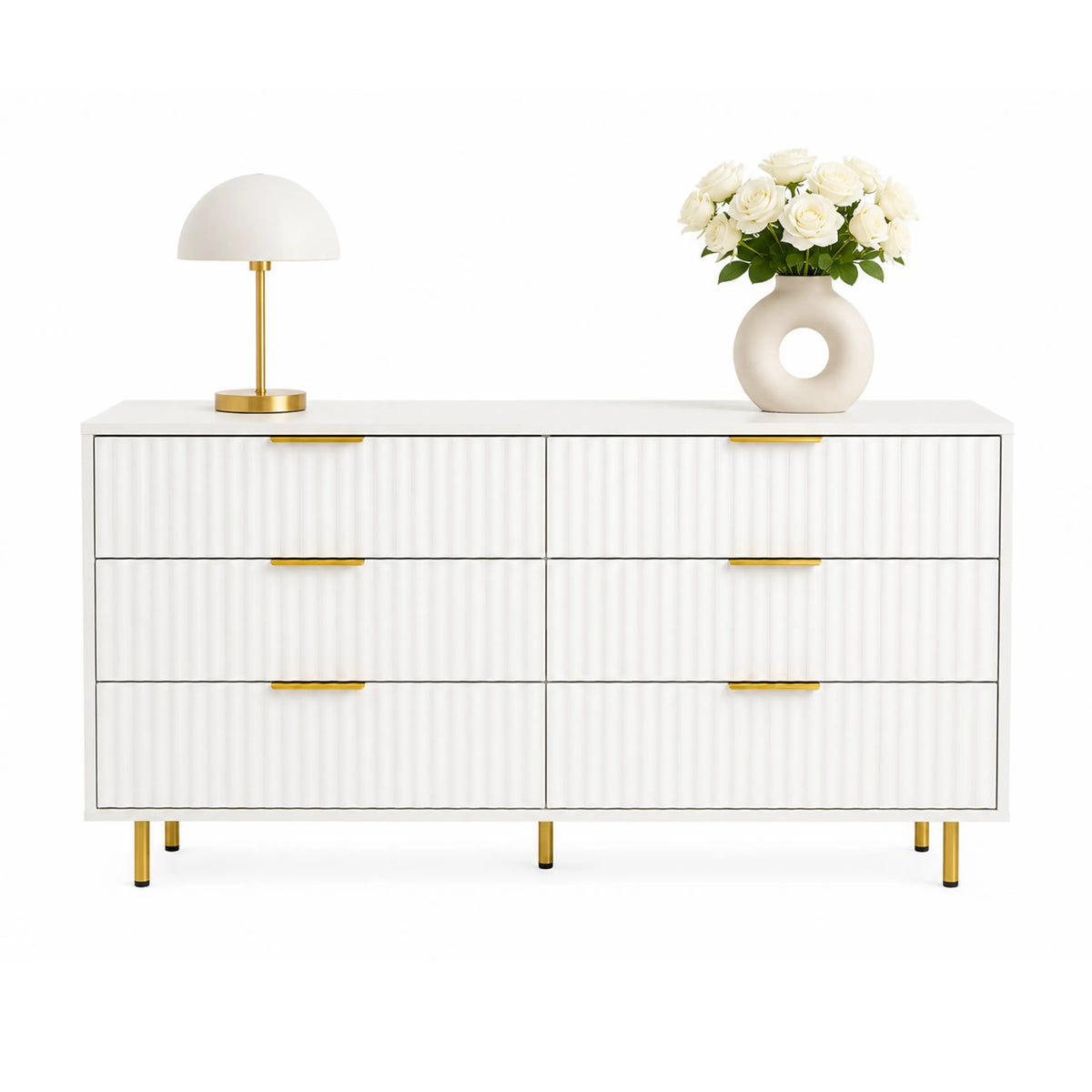 Wit Dressoir HJELLE met zes lades, ribbellook en gouden poten van hjh LIVING