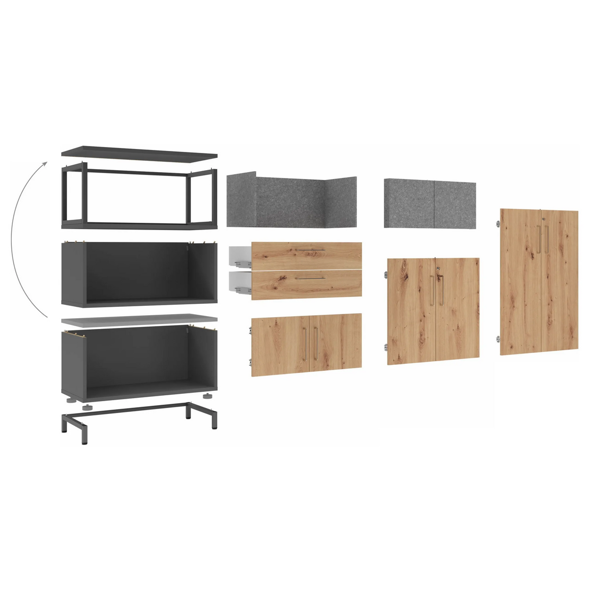 Einzelteile und Frontvarianten des Schranks FlexWall mit Akustik-Türen in Grau und Holzoptik von hjh OFFICE PRO